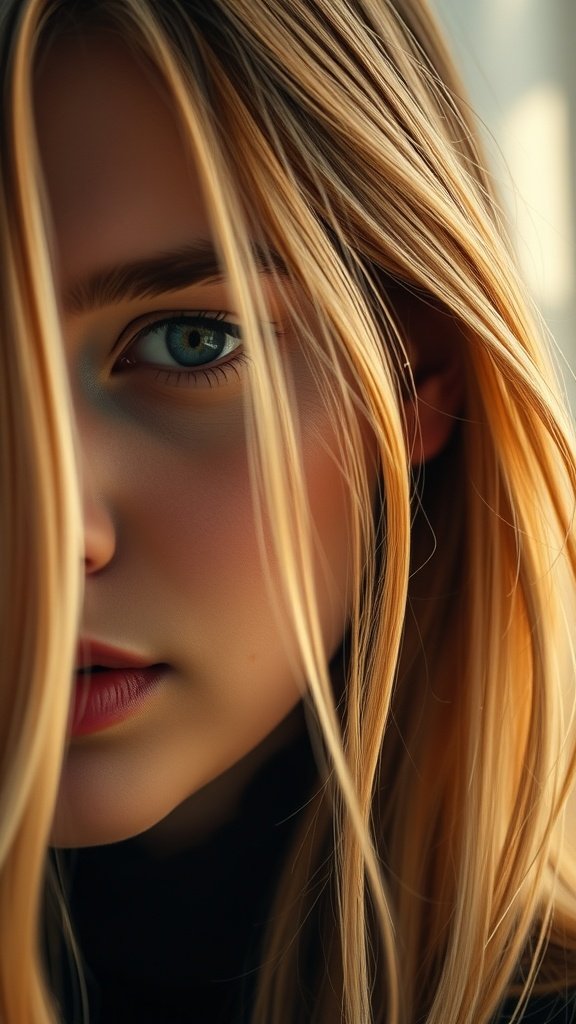 A close-up view of a person with smoky blonde highlights in their hair, showcasing a blend of soft, ashy tones and bright blonde strands.