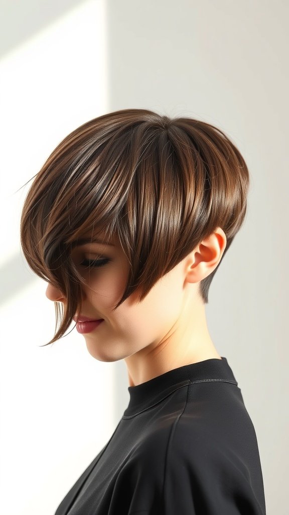 A woman with a smooth pixie hairstyle featuring a rounded silhouette, showcasing soft layers and a polished finish.