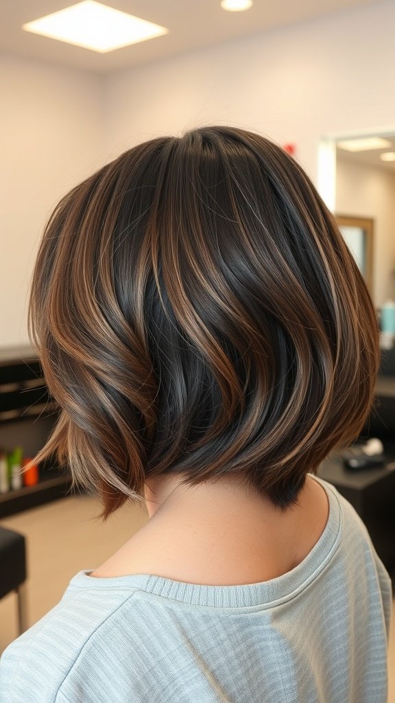 A woman with a softly angled bob haircut featuring slight waves, showcasing thick hair.