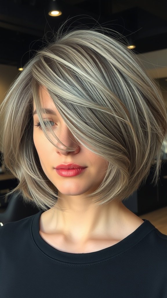 A woman with a softly layered bob hairstyle, showcasing gray tones and gentle layers.