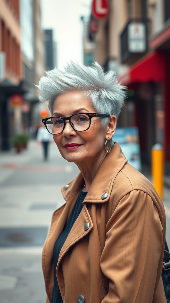 An older woman with a spiky faux hawk hairstyle, wearing glasses and a stylish jacket, confidently posing in an urban setting.