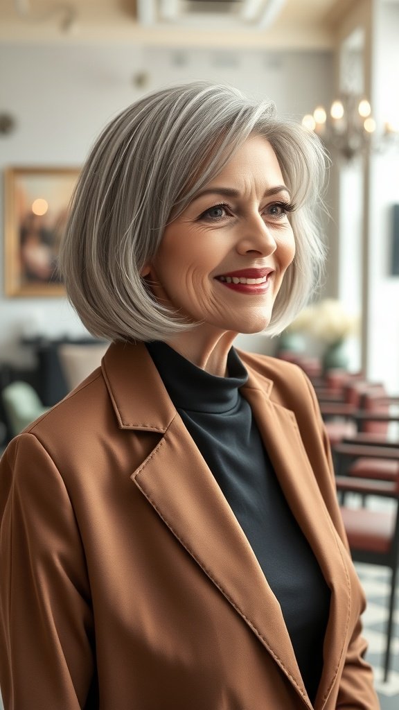 A woman over 70 with a straight bob hairstyle featuring feathered ends, wearing a brown blazer and a black turtleneck.