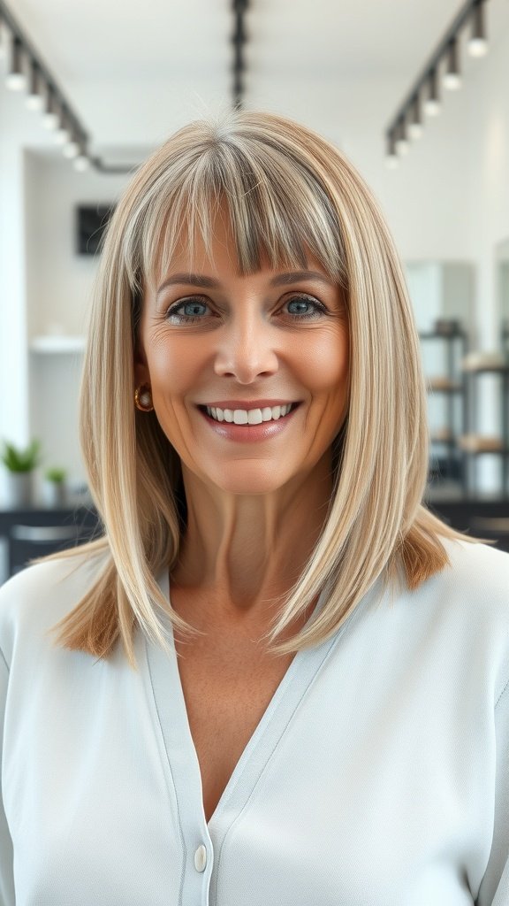 A woman with straight hair, subtle layering, and thin bangs, smiling in a modern salon setting.