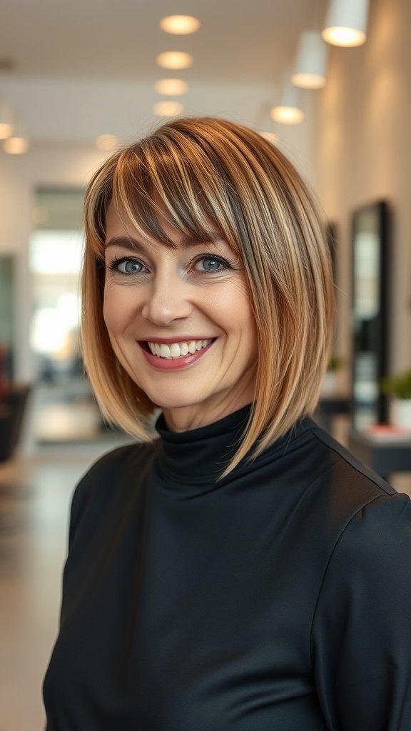 A woman with a straight mid-length haircut and arched bangs, smiling in a salon setting.