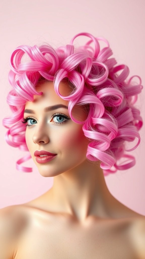 A woman with vibrant pink strawberry milkshake curls, showcasing a playful hairstyle against a soft pink background.