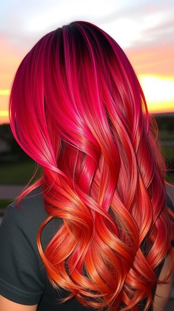 A vibrant sunset ombre hairstyle featuring a blend of magenta and orange colors.