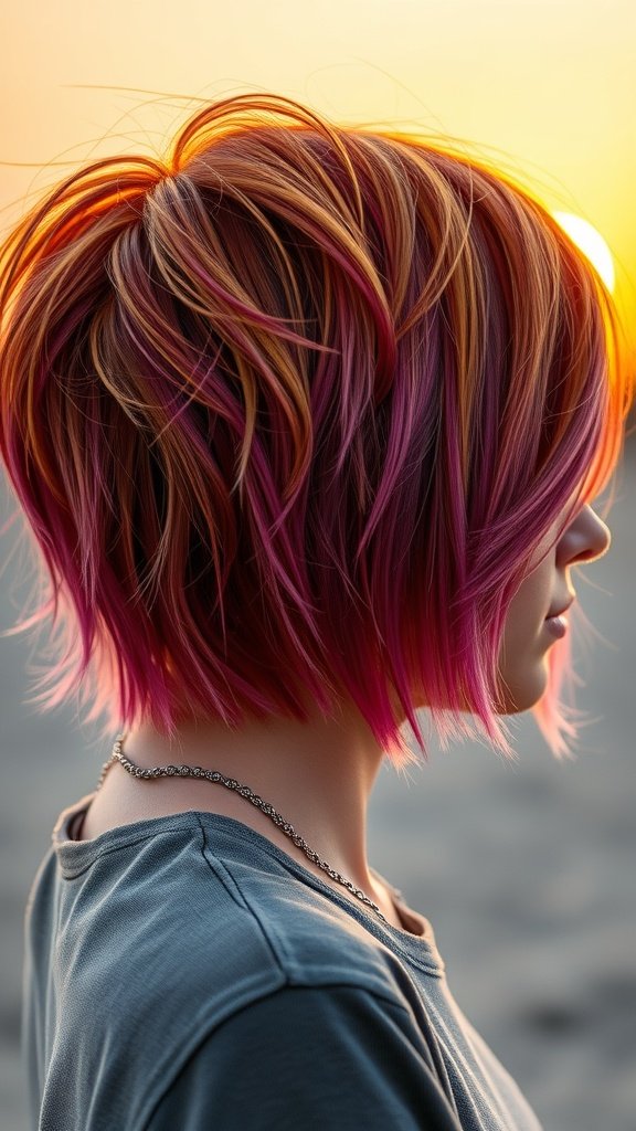 A woman with a sunset ombre shaggy pixie cut, showcasing vibrant orange and pink hues against a sunset background.