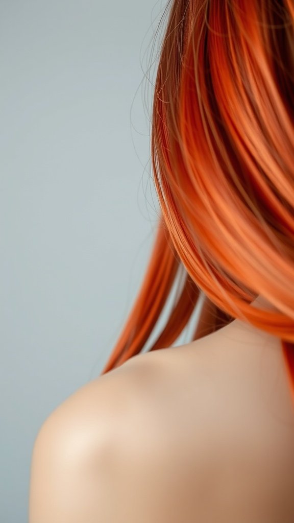 Close-up of vibrant blood-orange hair highlights