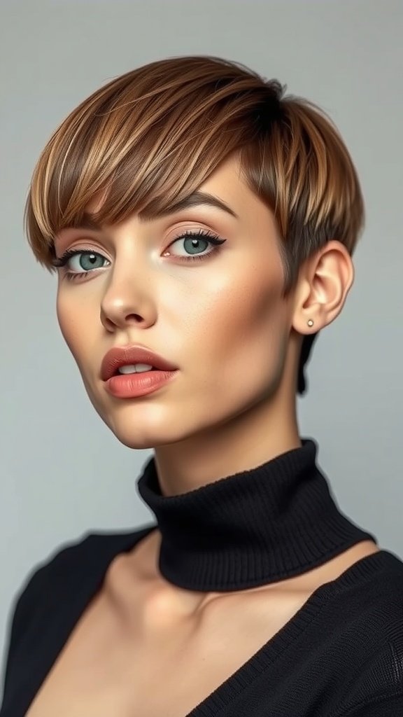 A woman with a tapered hush cut and fringe, showcasing a stylish and modern hairstyle.