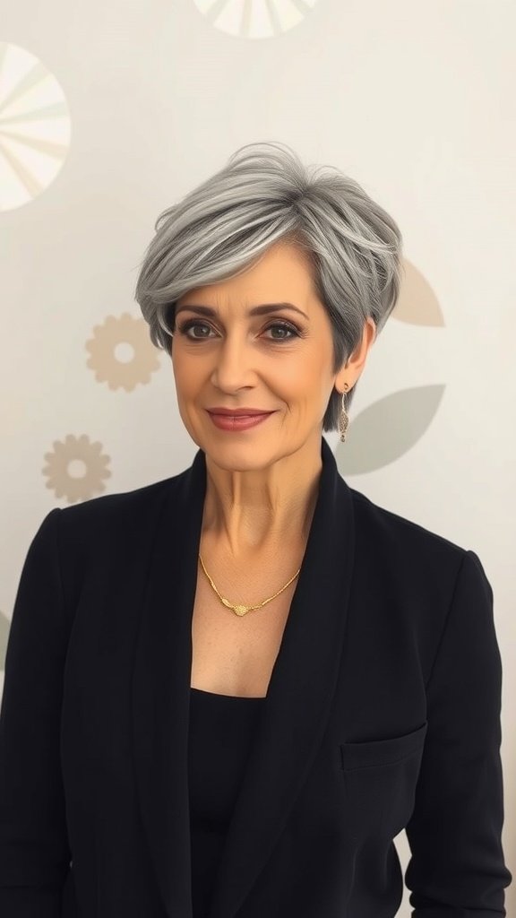 A woman over 50 with a textured pixie haircut and side part, wearing a black blazer and smiling.
