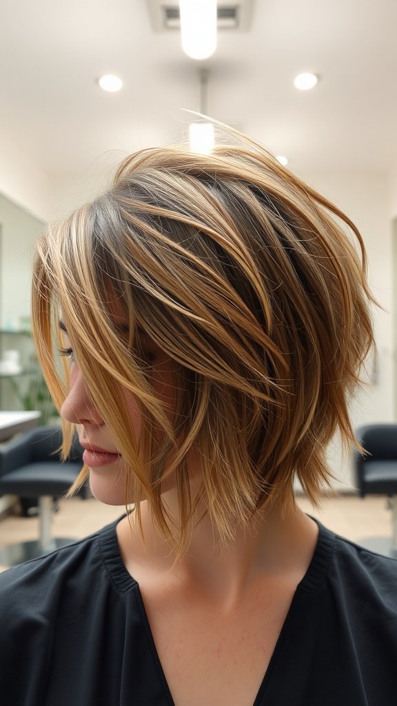 A woman with a textured shag haircut featuring multi-length layers, showcasing a stylish and dynamic look.