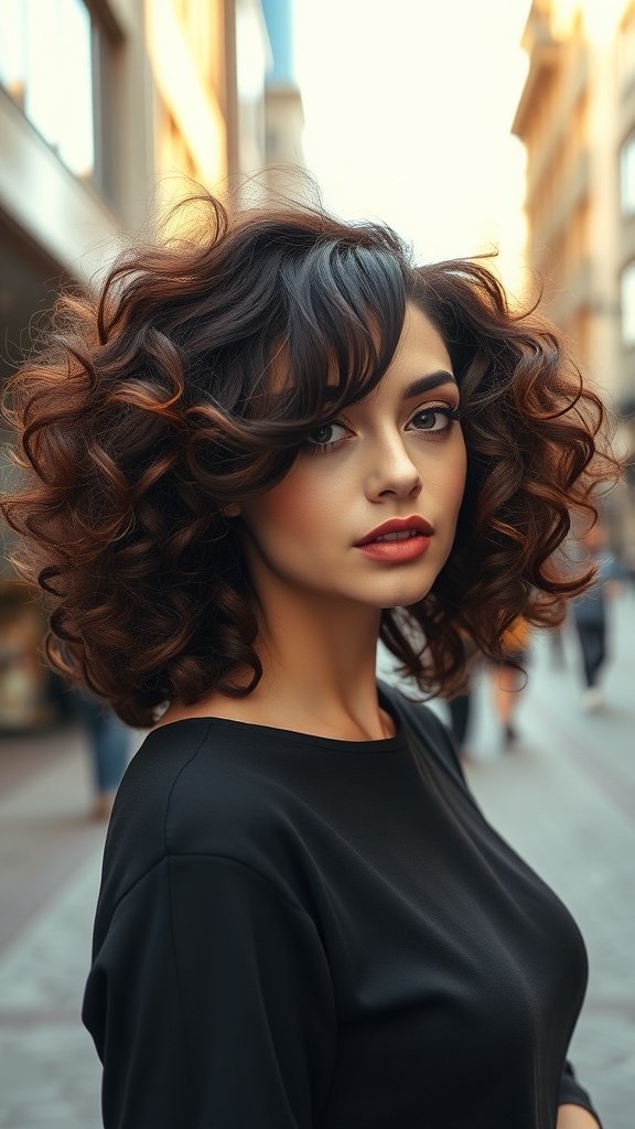 A woman with thick curls and side bangs, showcasing a stylish hairstyle in an urban setting.