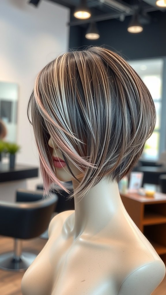 A mannequin showcasing a Two-Tone Shaggy Bob hairstyle with layers and contrasting colors.