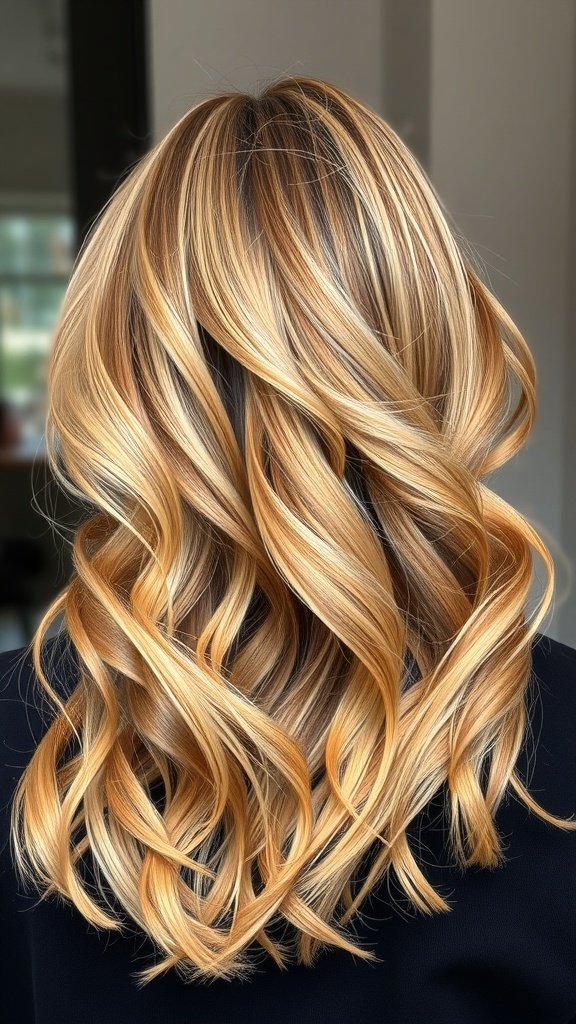 Wavy blonde hair with copper lowlights