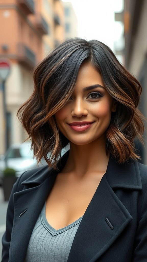 A woman with a wavy bob haircut featuring chunky chocolate lowlights, smiling in an urban setting.