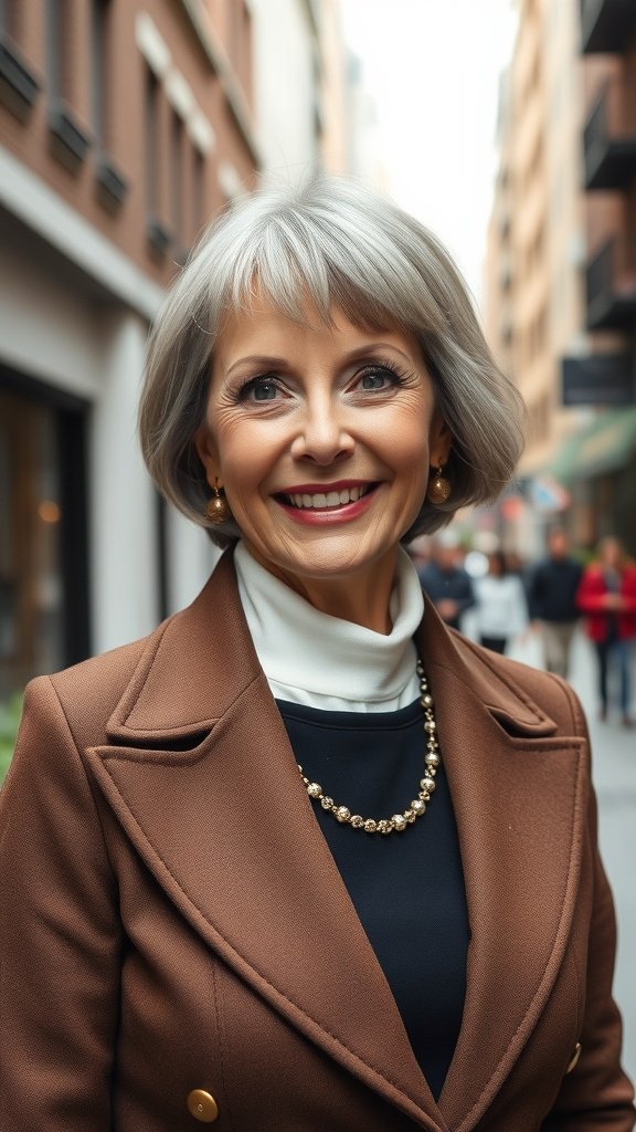 Stylish older woman with a wedge cut and fringe bangs, wearing a brown coat and pearl necklace.