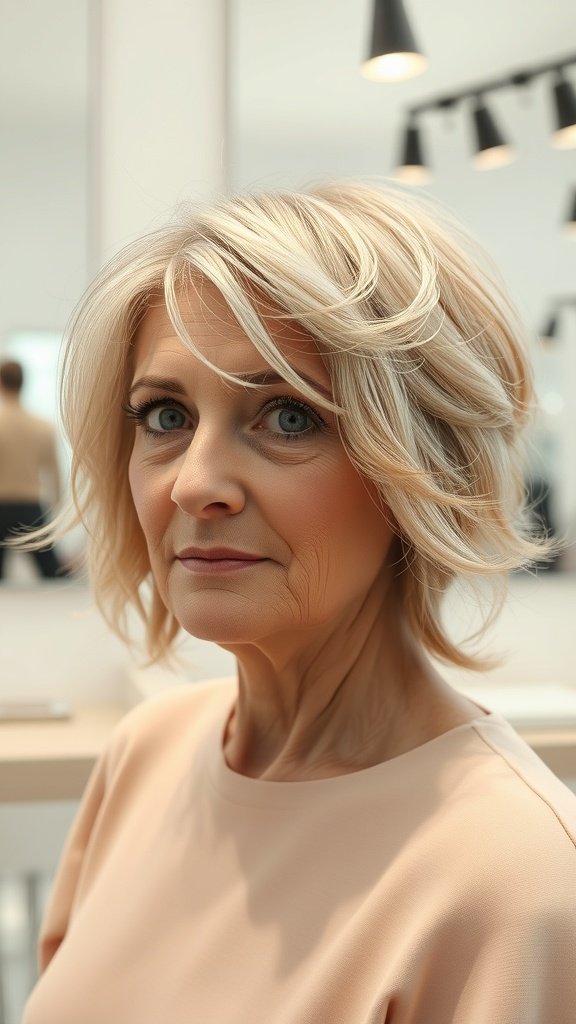 A woman with whimsical wispy layers hairstyle, showcasing volume and movement.