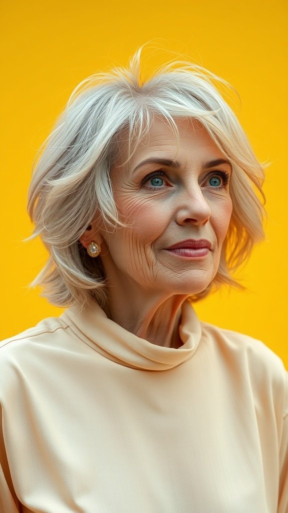 A woman with wispy layered hair, looking stylish and confident against a yellow background.