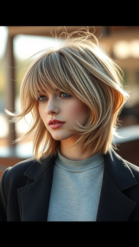 A woman with a windswept shag cut, showcasing soft layers and a carefree style.