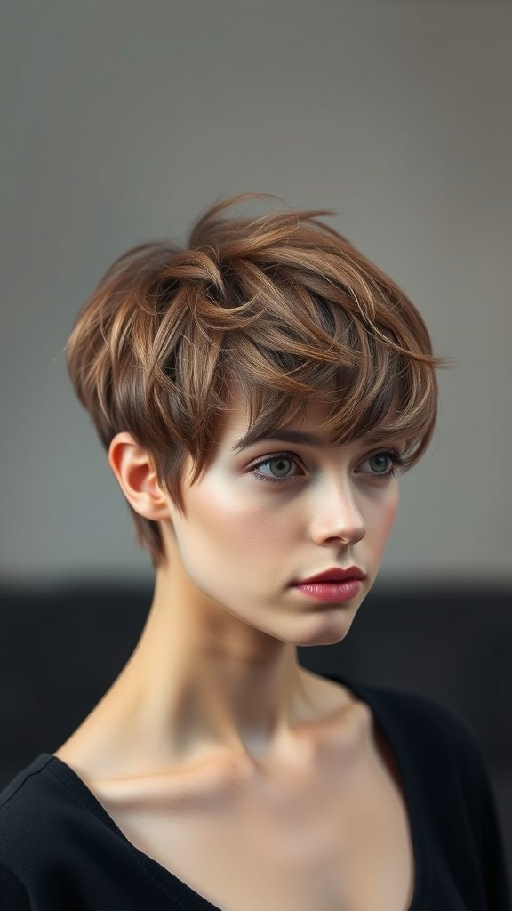 A young woman with a wispy pixie haircut featuring feathered edges, showcasing a stylish and textured look.