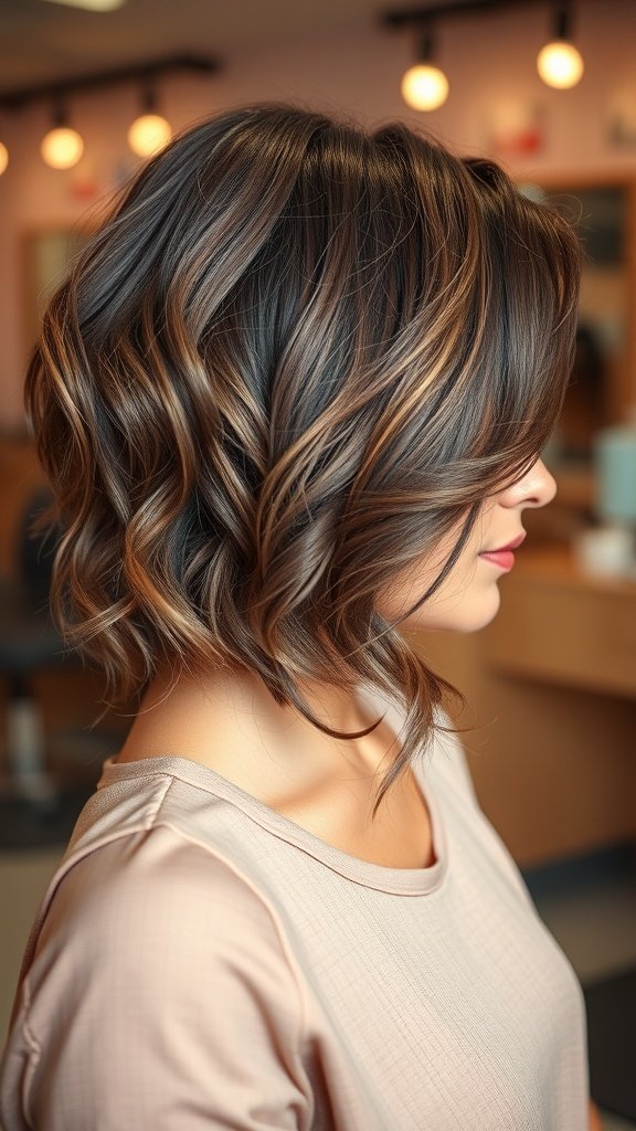 A woman with a classic U-cut hairstyle featuring natural waves, showcasing a stylish and elegant look.