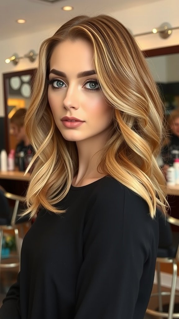 A young woman with light golden brown hair styled in soft waves, showcasing a sophisticated look in a salon setting.