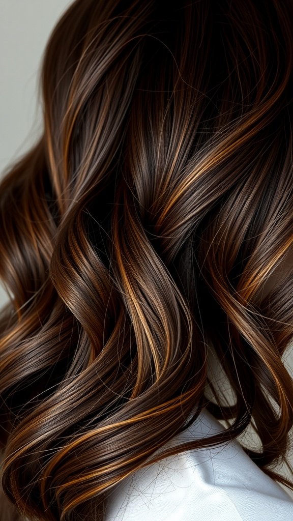 Dark brown hair with amber caramel highlights styled in soft waves