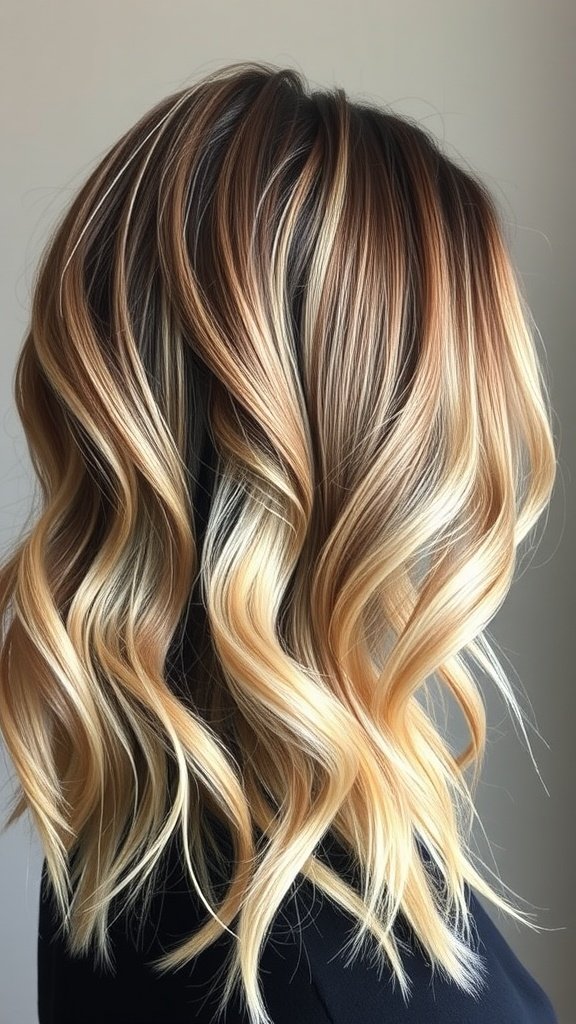 A hairstyle featuring ash blonde hair with deep chocolate lowlights, styled in loose waves.
