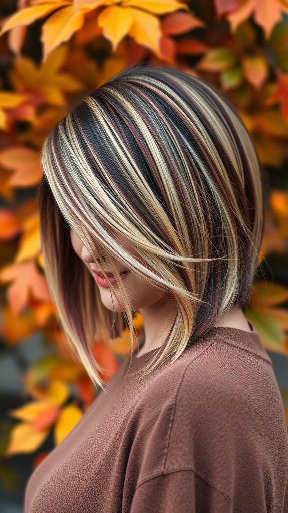 Asymmetrical burgundy bob hairstyle with blonde streaks, set against a backdrop of autumn leaves.