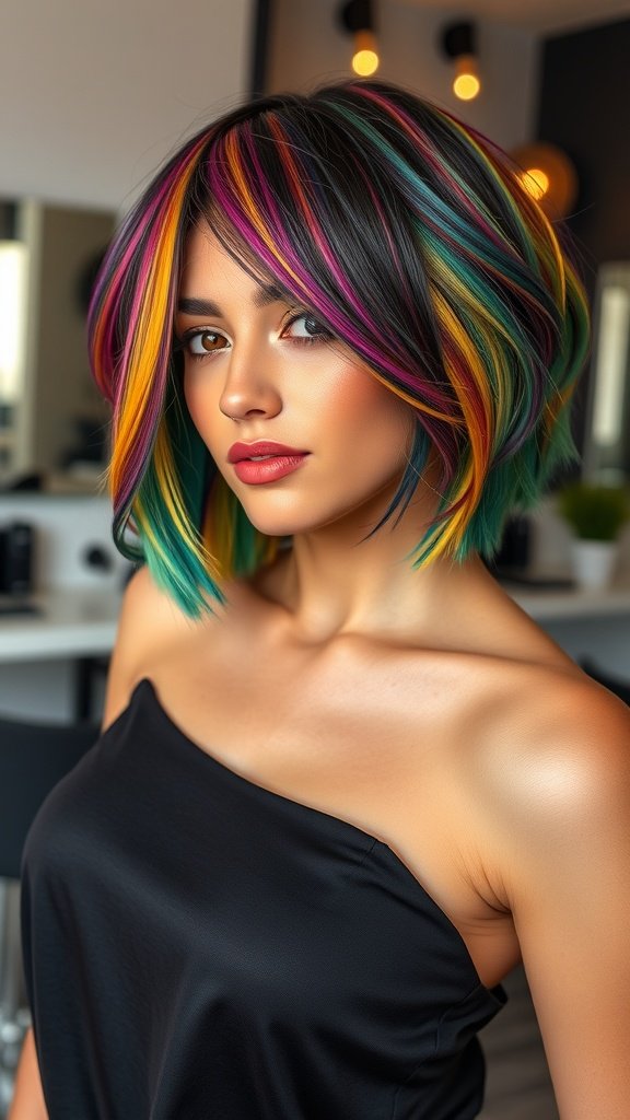 A woman with an asymmetrical layered bob hairstyle featuring bold colors like pink, green, and blue.