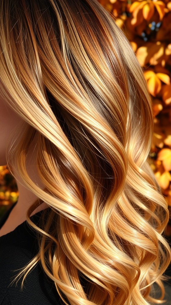 A close-up of hair featuring auburn-infused blonde balayage with soft waves.