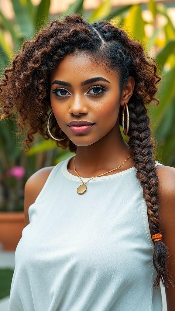 A woman with curly hair styled in boho braids, showcasing a chic and relaxed hairstyle.