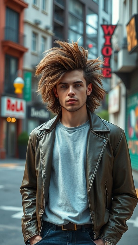 A person with a voluminous shaggy mullet hairstyle featuring bold chunky highlights, standing in an urban setting.
