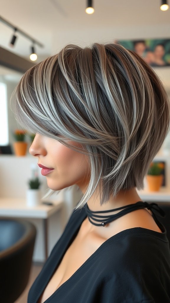 A woman with a brunette hush cut featuring a platinum money piece, showcasing soft layers and a modern hairstyle.