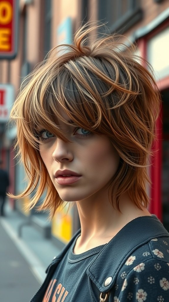A young woman with a caramel-toned shag haircut, looking stylish in an urban setting.