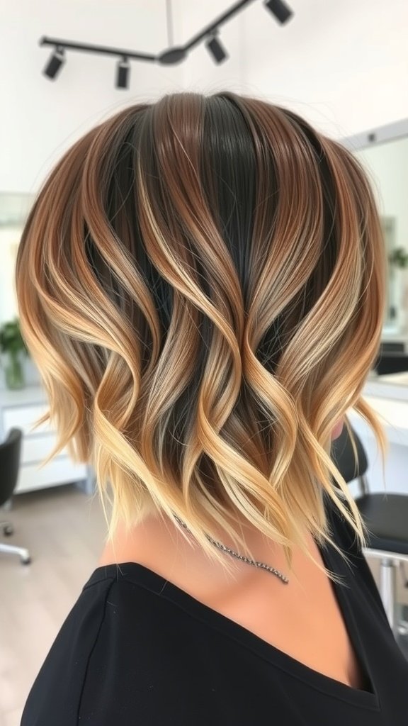 A layered bob haircut with cascading waves and a rounded shape, showcasing a blend of dark and light hair colors.