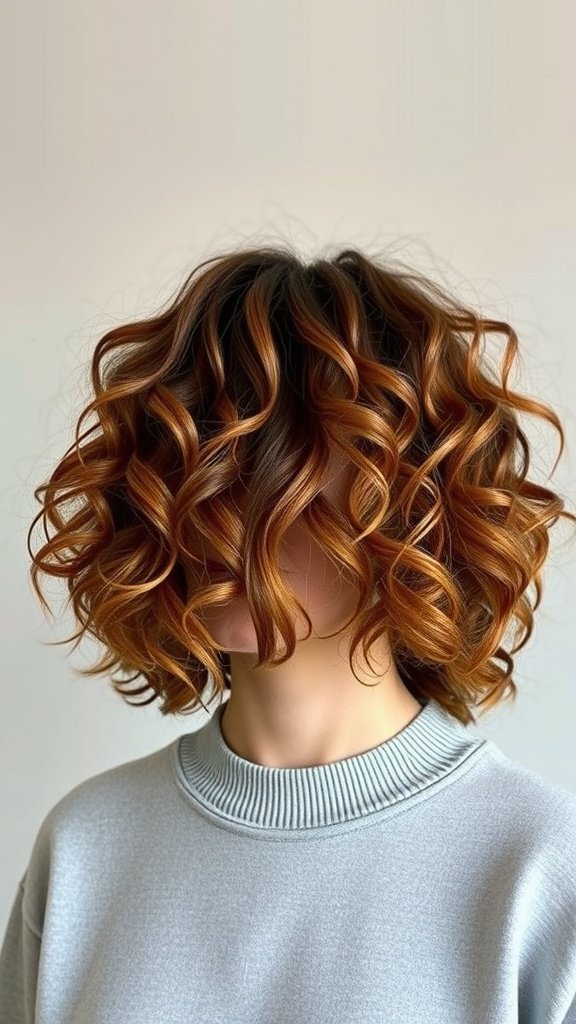 Chin-length curly bob hairstyle with wispy bangs, showcasing soft, bouncy curls and warm tones.