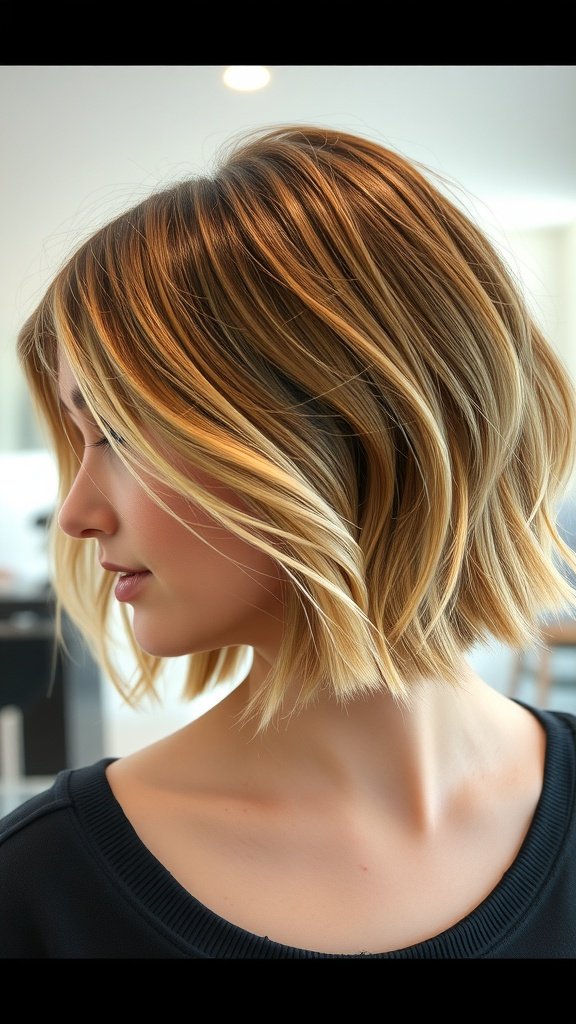 A woman with a choppy bob hairstyle featuring subtle balayage highlights.