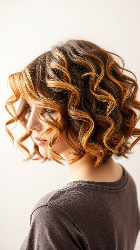 A woman with a choppy curly bob hairstyle featuring highlights, showcasing lively curls and a textured look.