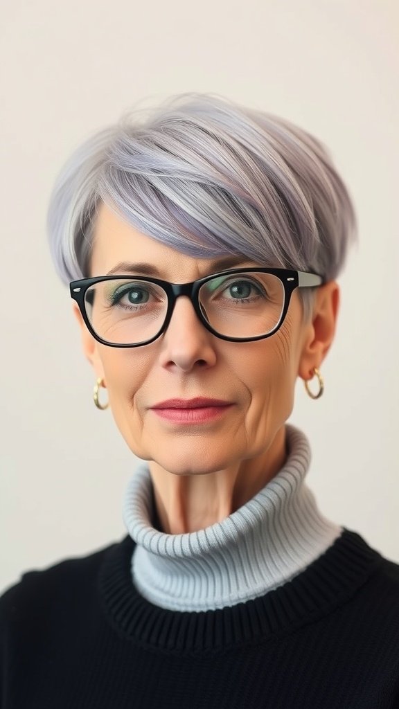 A woman over 50 with a choppy pixie haircut in subtle lavender tones, wearing glasses and a turtleneck sweater.