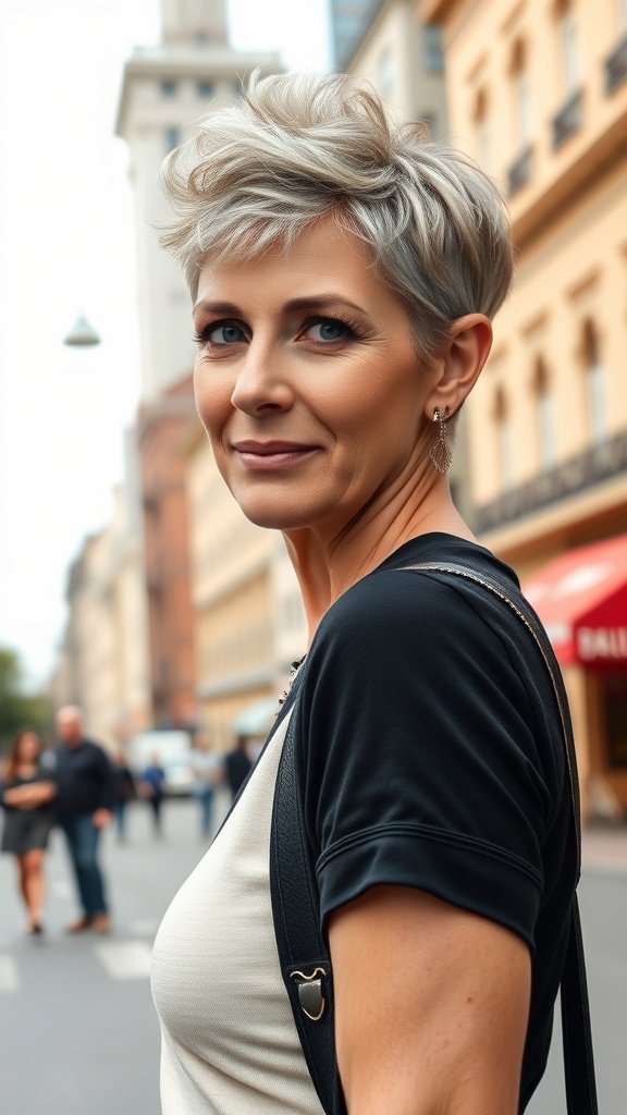 A stylish older woman with a choppy wedge pixie cut, smiling confidently in an urban setting.