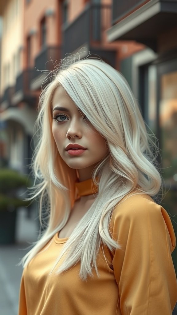 A woman with creamy beige blonde hair and platinum ends, wearing a yellow top, standing outdoors.