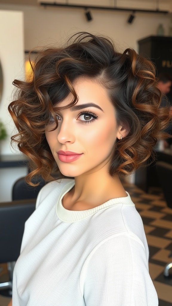 A woman with a curly bob hairstyle featuring a tapered nape, showcasing defined curls and a stylish look.