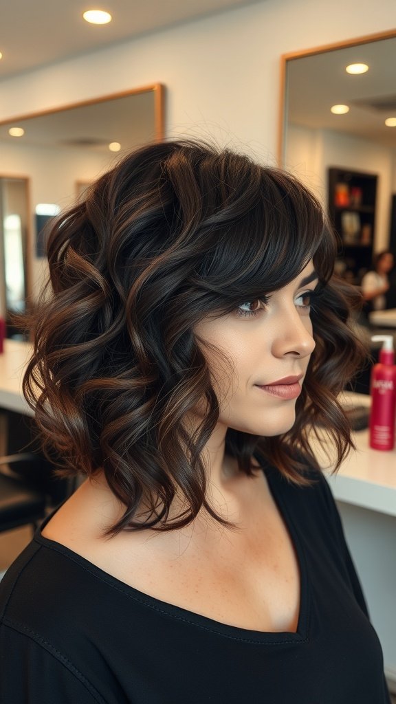 A woman with a curly lob haircut styled with a side part, showcasing soft curls and warm tones.