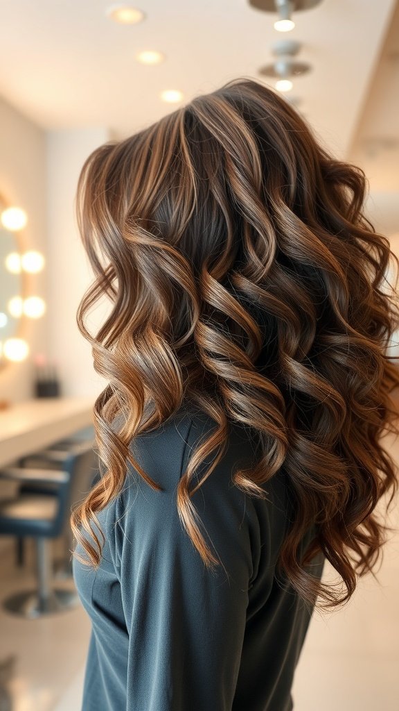 A woman with shoulder-length curly hair styled in a shag with long layers, showcasing defined curls and a shiny finish.