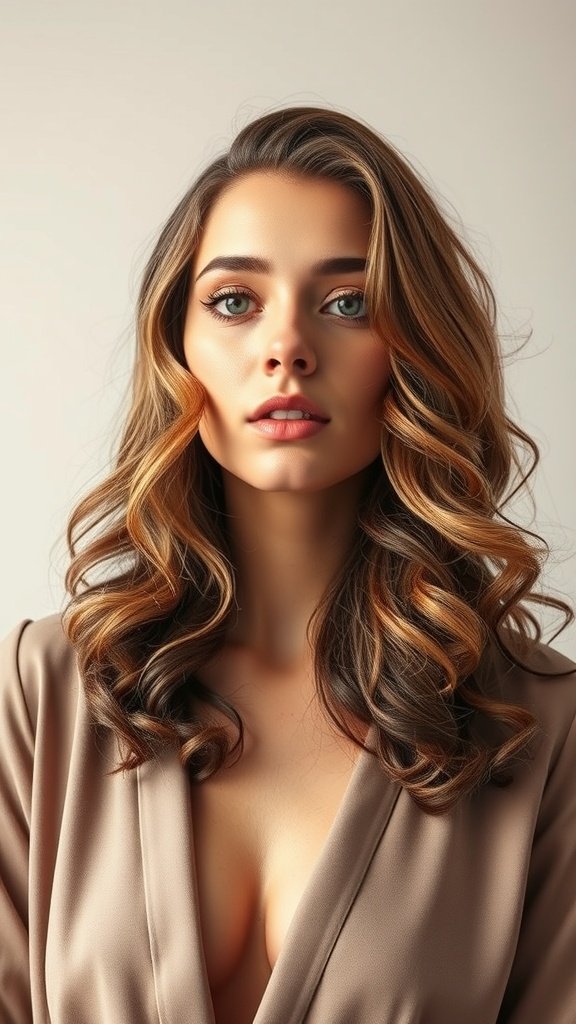 A woman with curly shoulder-length hair styled with a middle part, showcasing a soft and feminine look.