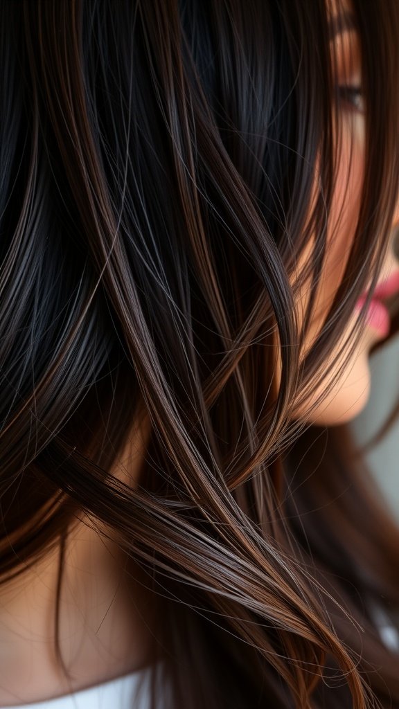 Dark brown hair with berry undertones, showcasing rich color and texture.
