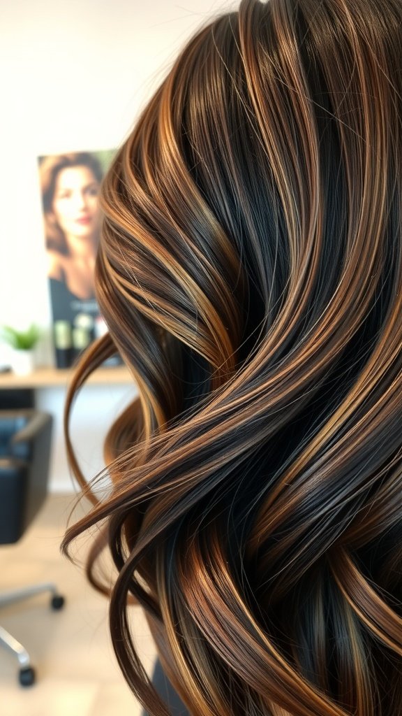Dark brown hair with cinnamon swirls balayage