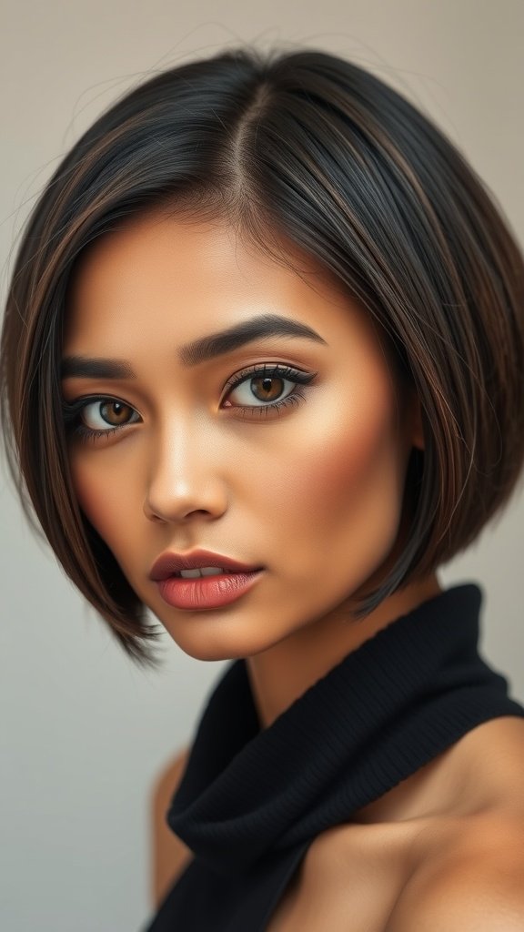 A woman with a dark walnut short-layer bob hairstyle, showcasing rich brown tones and subtle layers.
