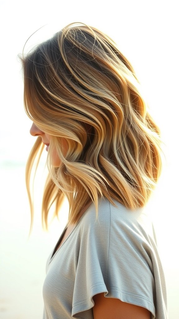 A woman with a deep side-parted lob hairstyle featuring soft beach waves.